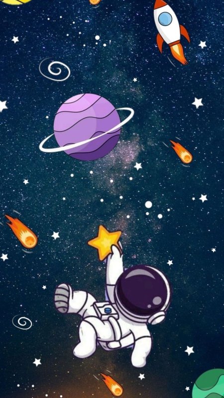 An astronaut floating in space with stars and planets
