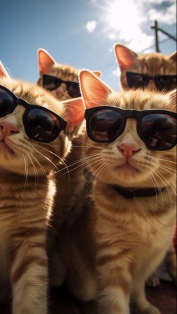 Three cats wearing sunglasses