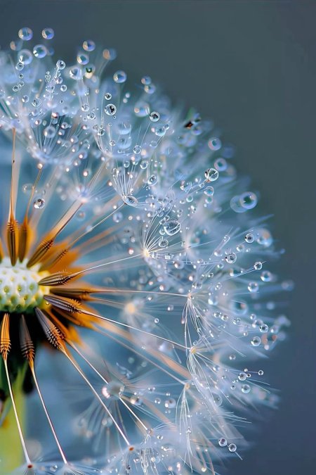 A dandelion with drops of water on it