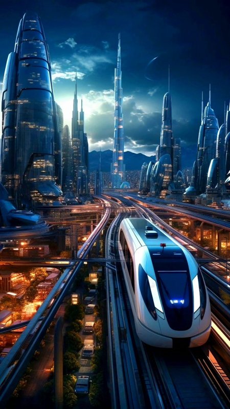 High-speed train on the background of a futuristic city