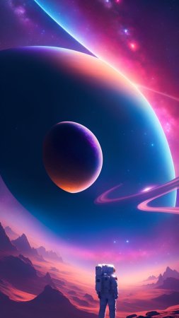 Космос, планета, горы, кольца, звезды