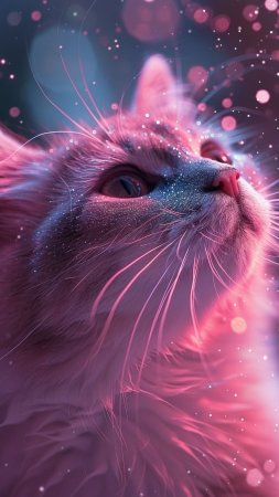Блестящие розово-фиолетовые обои с котом со световыми эффектами