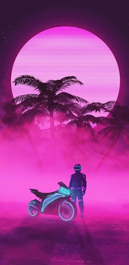 Неоновые байкерские обои для iPhone в стиле Synthwave Art и Vaporwave