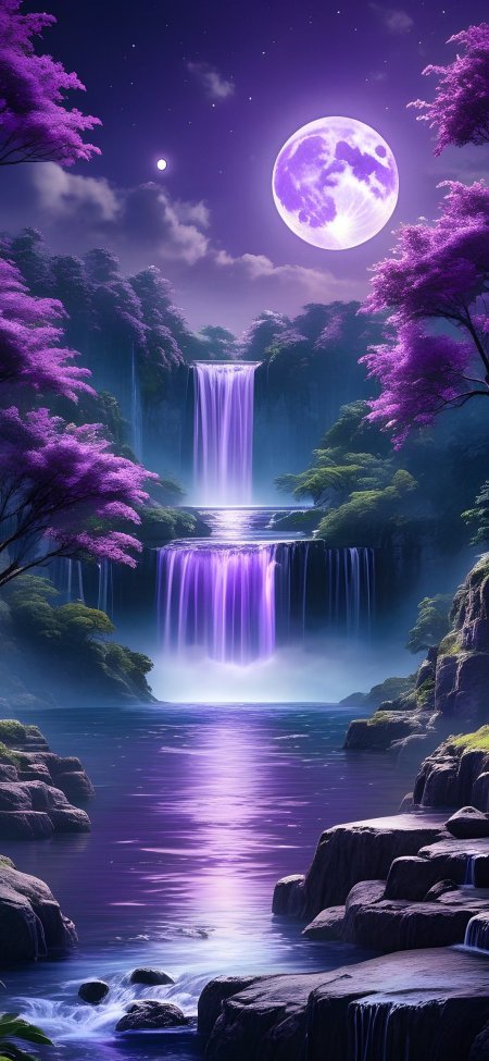 Waterfall with purple flowers and the moon in background