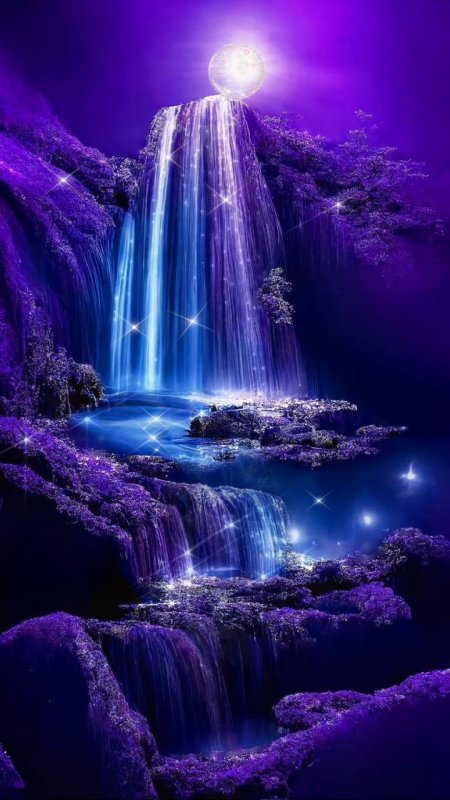 Purple forest waterfall with stars