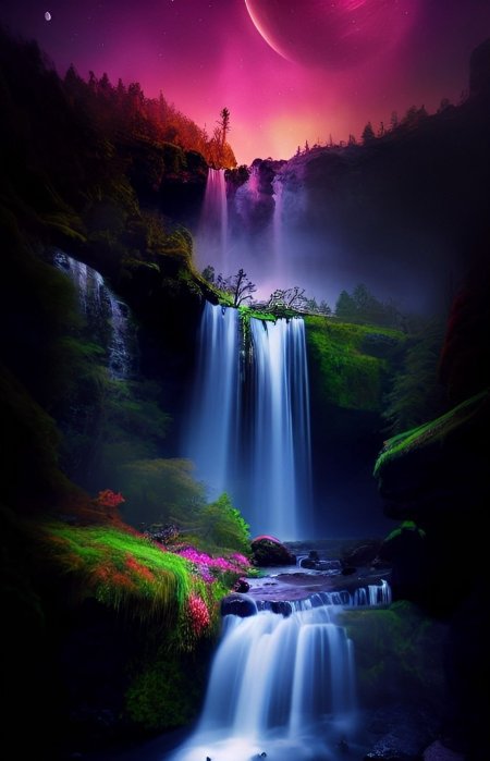 Enchanting waterfall painting in a forest