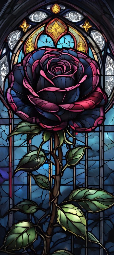 A stained glass window with rose in it