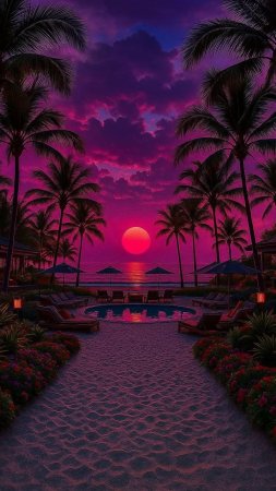 Beach tropical sunset purple palms