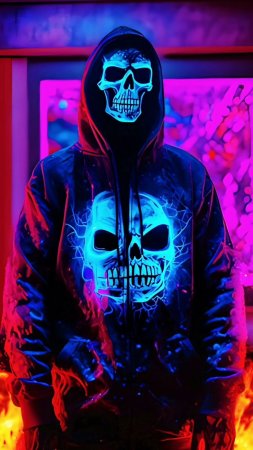 Скелет в толстовке с неоновым эффектом