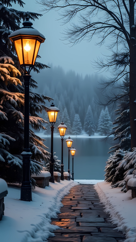Winter landscape night snow falling lantern near the path snow-covered trees скачать фон 1080 x 1920