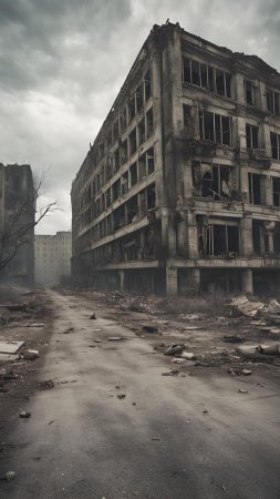 Post apocalyptic industrial wasteland photo realism burnt out buildings скачать фон 1080 x 1920