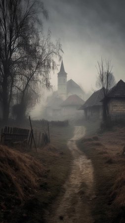 Деревня в тумане скачать фон 1080 x 1920