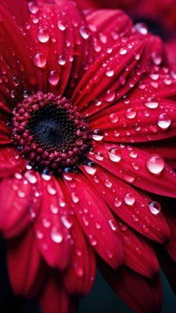 Красный цветок с каплями воды на нем.