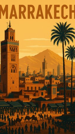 Marrakesh morocco vintage travel poster скачать фон 1080 x 1920