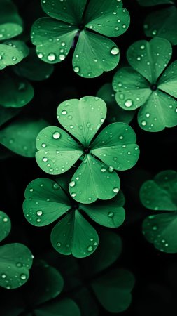 Four leaf clovers with water droplets on them скачать фон 1424 x 2532