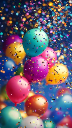 Happy birthday with balloons and confetti скачать фон 1080 x 1920