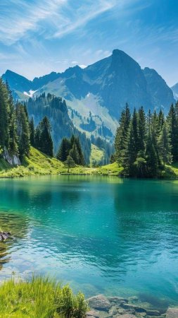 Mountain lake scene скачать фон 720 x 1280