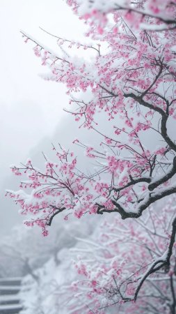 Spring cherry blossoms in snow скачать фон 1080 x 1920