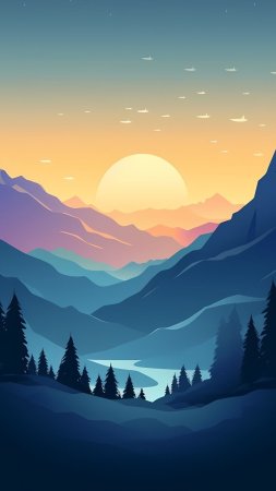Flat minimalistic design panorama of a mountain landscape