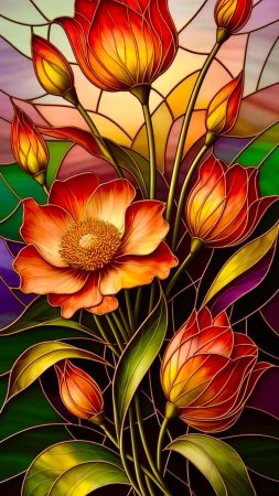 Цветы витраж скачать фон 1424 x 2532