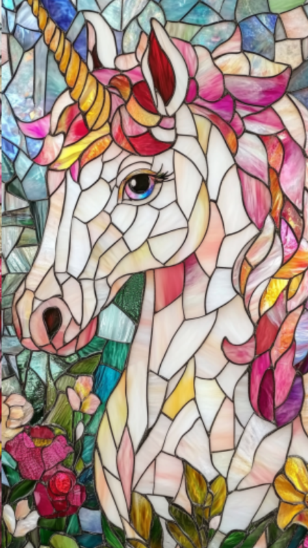 Faux stained glass image of a unicorn скачать фон 1080 x 1920