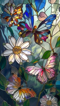 A stained glass window with flowers and butterflies скачать фон 1424 x 2532