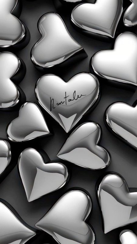 Many shiny silver hearts on a black background