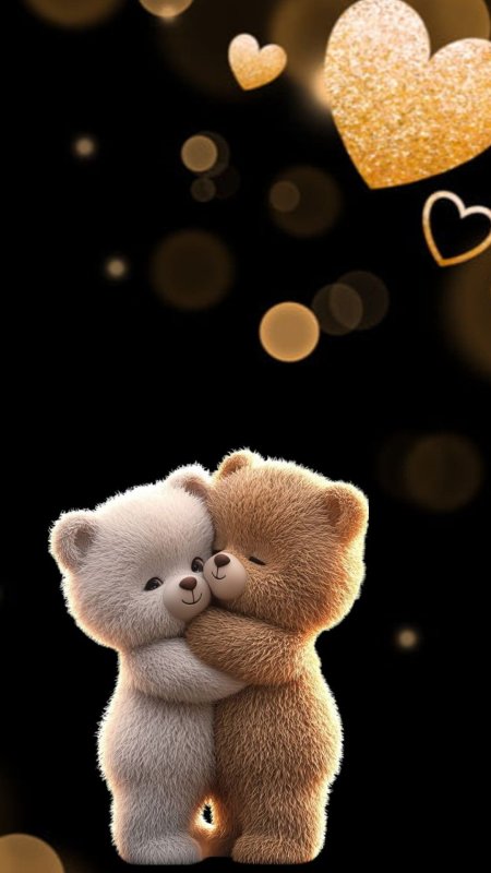 Two teddy bears hugging each other on a black background