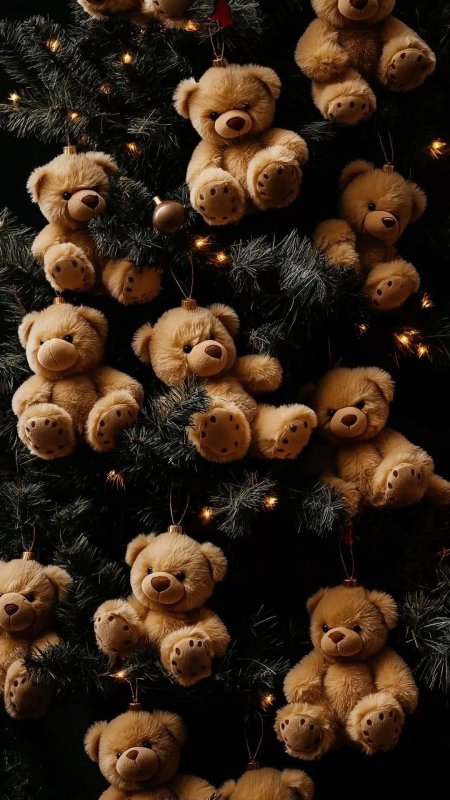 Teddy bears hanging from the christmas tree
