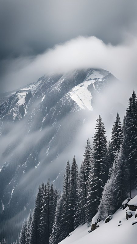 Nature black and white photo of winter mountain peaks in fog