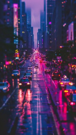Rainy city street lights at night