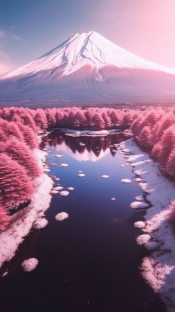 Сакура на фоне горы фудзияма скачать фон 720 x 1280