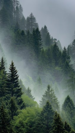 Misty forest mountains with lush green trees wallpaper