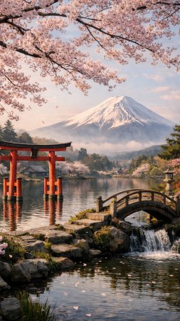 Fuji mountain and cherry blossoms in spring japan