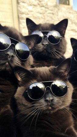 Four black cats wearing sunglasses
